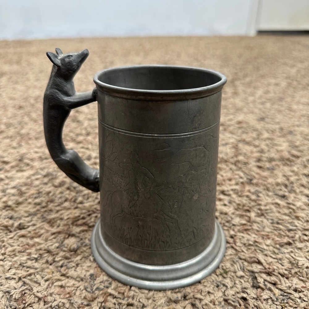 Vintage Pewter Fox Hunt Beer Stein Tankard with Fox Handle Equestrian Decor READ